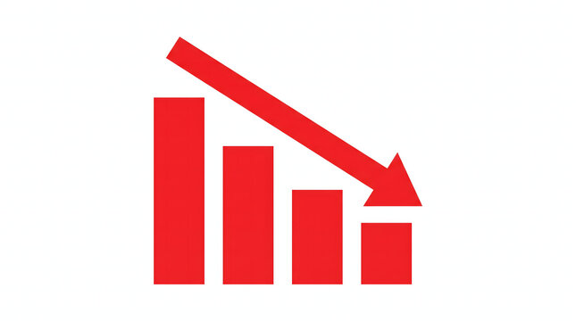 Red bar chart showing economic decline with a downward trend arrow