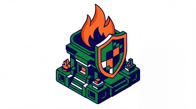 Republic day vektor isometric building with shield and fire flame