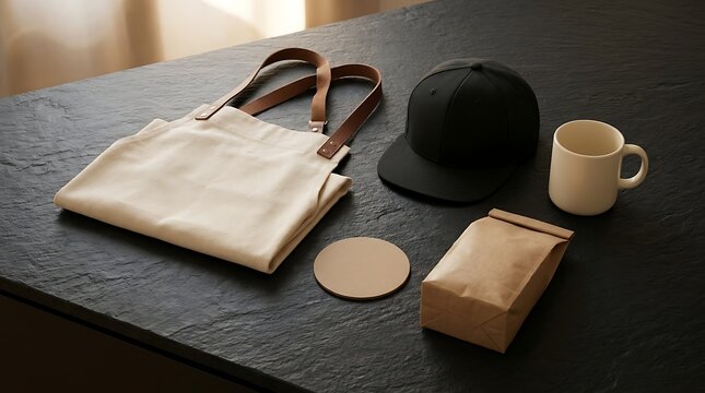 Minimalist Branding Identity Mockup Featuring Blank Canvas Apron with Leather Straps, Black Baseball Cap, Ceramic Mug, and Coffee Packaging Bag on a Dark Textured Stone Background