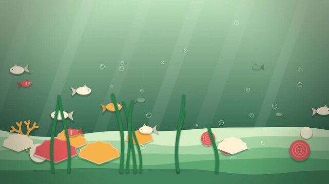 Green paper cut underwater reef with fish and kelp building up