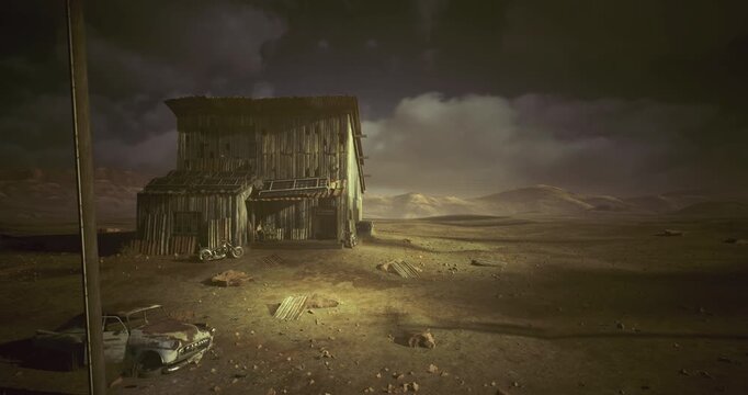 Collapsed cabin in muted horizon, scattered wreck and distant poles create cinematic tableau of environmental neglect and lonely remembrance.