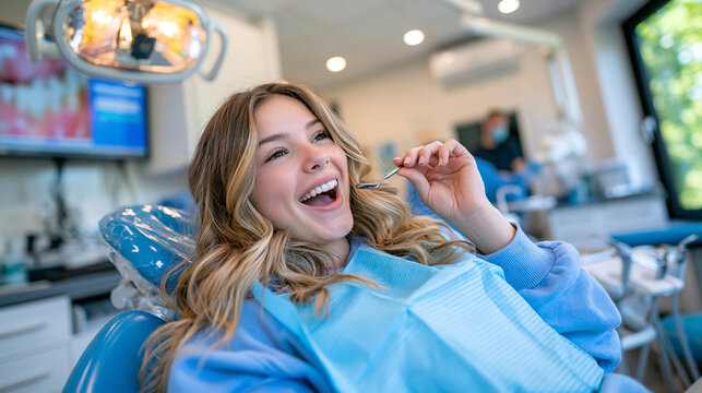 Woman reacting with surprise while inspecting her teeth using a dental mirror during a dental checkup, modern professional dentist office, examination lamp and dental instruments visible, clean ster