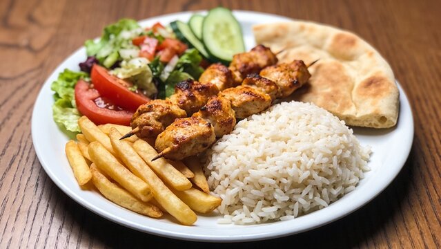 Chicken Tavuk or shish tawook rice with french fries, salad and pita bread served in plate isolated on wooden table top view of turkish food