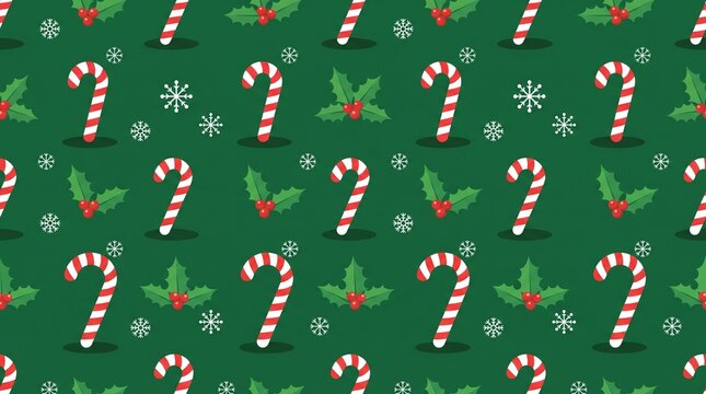candy cane holly seamless pattern flat vector