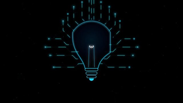 Digital light bulb with glowing circuit lines and moving plexus particles on black background representing smart energy.