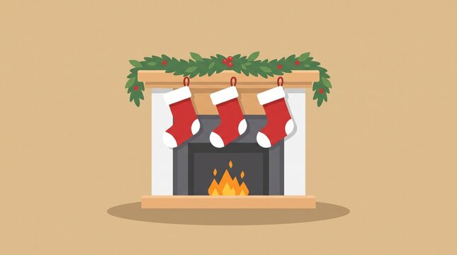 christmas stockings fireplace garland flat vector