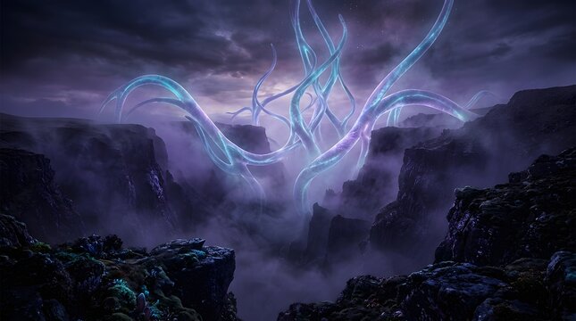 Glowing blue alien tentacles rising from a deep dark foggy canyon under a mystical purple night sky background