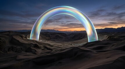 Fototapeta premium Glowing iridescent portal arching gracefully across expansive dark sand dunes under a dim twilight sky filled with stars