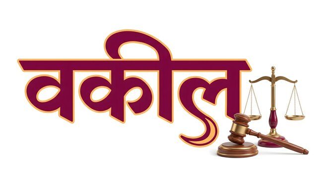 Red Hindi word "वकील" (lawyer) with justice scales and gavel on white background.