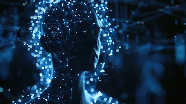 AI Mindscape: A futuristic representation of artificial intelligence, depicting a human silhouette illuminated by a network of glowing blue nodes and connections.