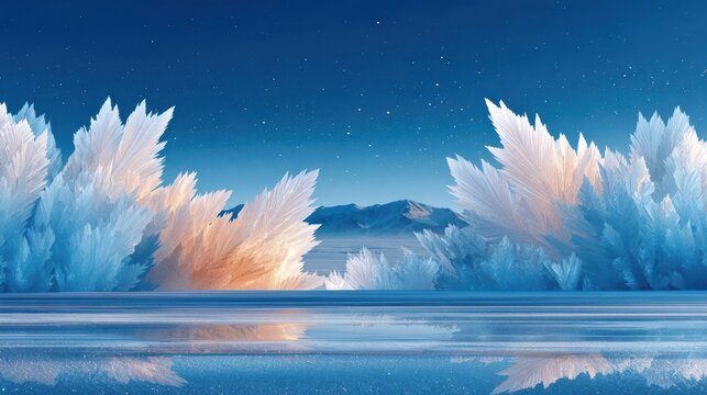 Dendritic ice crystal formations glowing with soft light against starry night sky over frozen lake and distant mountains winter landscape