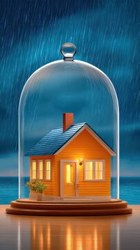 Miniature yellow house with blue roof under glass dome on wooden base against rainy night sky, protection concept
