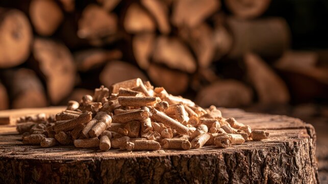 Close-up of natural wood pellet fuel on tree stump with stacked firewood background, sustainable renewable energy source for heating and cooking
