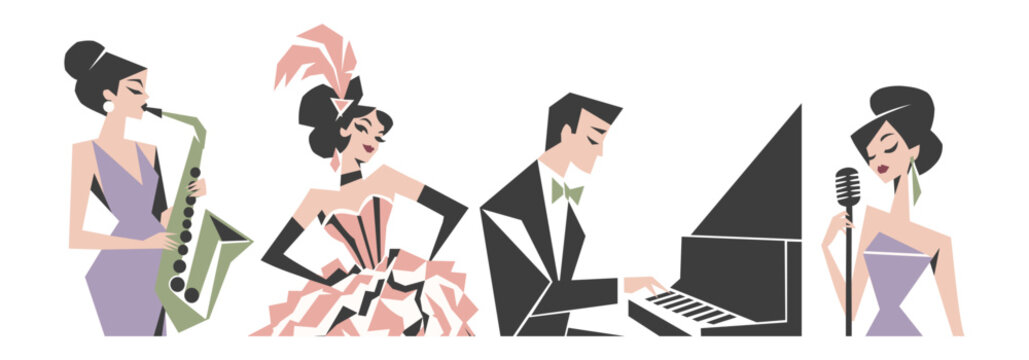 Retro jazz lounge vector clipart set. Mid-century modern style music characters collection with piano player, singing woman, saxophonist and cancan burlesque dancer.