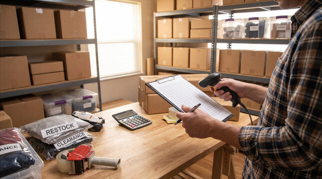 Worker checking stock inventory with barcode scanner