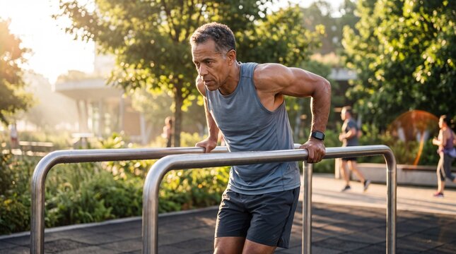 Senior Mixed-Race Man Performing Parallel Bar Dips Outdoors at Sunrise