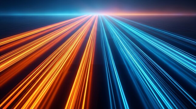Abstract perspective of glowing orange and blue neon light trails speeding towards horizon