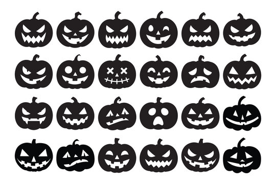 Set of 24 black Halloween jack pumpkin silhouettes with scary, spooky, funny and sad faces. Isolated on white, ideal for Halloween decorations, Halloween icon set.