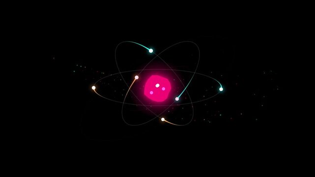 Stylized scientific atom model animation showing spinning electrons around vibrant pink nucleus on black background.