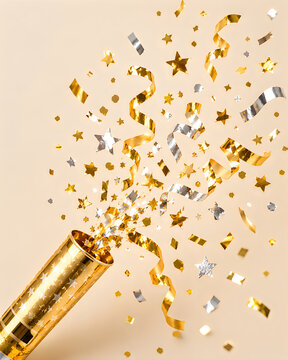 Golden confetti popper exploding for a festive celebration background