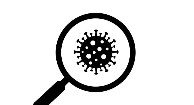 Black silhouette of a virus cell inside a magnifying glass icon