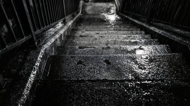 Wet concrete stairs descending into dark rainy urban alleyway at night.