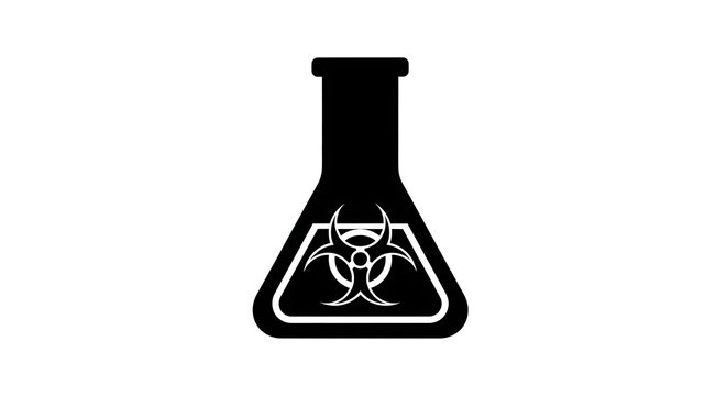 Biohazard symbol inside a laboratory flask icon on transparent
