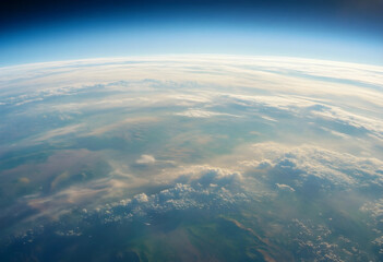 Fototapeta premium Climate change and global sustainability, earth atmosphere and horizon view from space showing clouds and planet surface for environmental science research