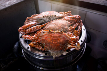 Freshly steamed male Blue swimming crabs cooked to a bright orange red color with rich tomalley overflowing in home kitchen steamer pot with steam rising serving authentic rustic seafood flavors. © Panupong