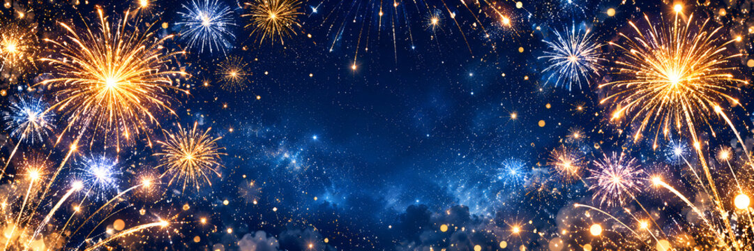 Golden fireworks exploding in a dark blue starry night sky background