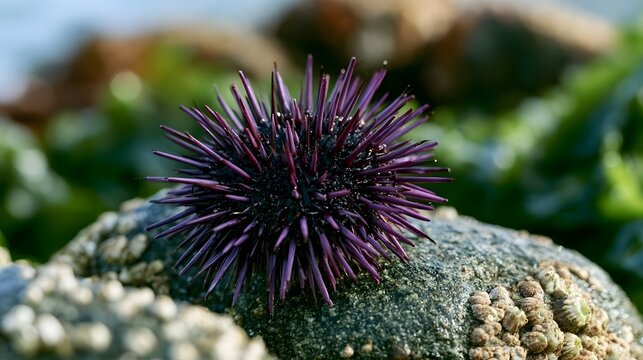A vibrant purple sea urchin rests on a wet rock surrounded by green seaweed and barnacles under bright sunlight