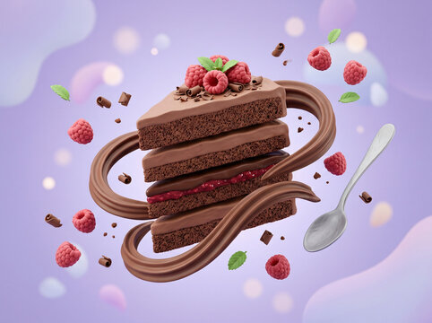 Delicious chocolate cake slice with fresh raspberries and floating chocolate cream on a purple background.