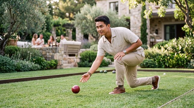 Focused Southeast Asian Man Rolling Bocce Ball in Bright Morning Sunlight