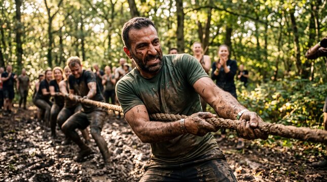 Middle Eastern Man Straining in Muddy Outdoor Tug of War