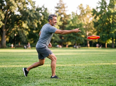 Mature Hispanic Man Flicking Flying Disc Across Lush Sunlit Park Field