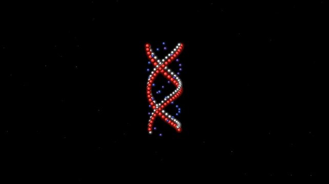 Abstract dna animation in motion genetic code double helix rotating medical science loopable footage with dark background.
