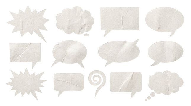 White paper speech bubbles and thought clouds with crumpled texture for comic and communication design isolated on transparent grid.