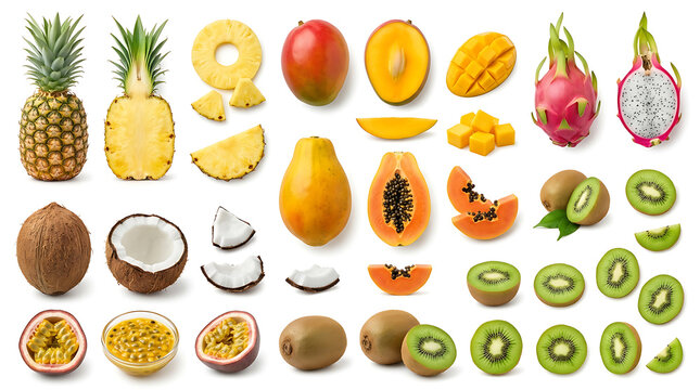 Collection of fresh tropical fruits including pineapple mango papaya dragon fruit coconut passion fruit and kiwi slices and whole pieces arranged for healthy food recipes