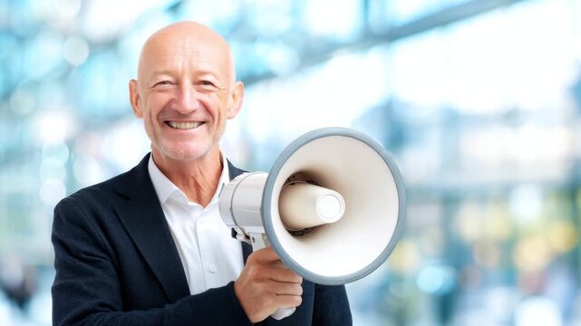 A bald businessman in a suit holds a megaphone and smiles in an office setting. Concept of leadership, promotional campaign, important news
