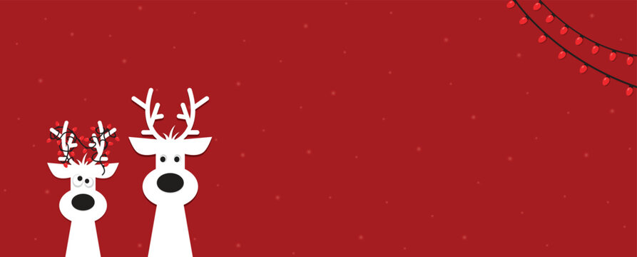 Cute Christmas Reindeer with Festive Lights, Funny Rudolph Holiday Illustration on Red Background. Christmas reindeer.