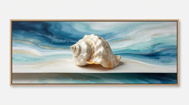 A large, pearlescent seashell rests on a sandy surface within a framed abstract painting.