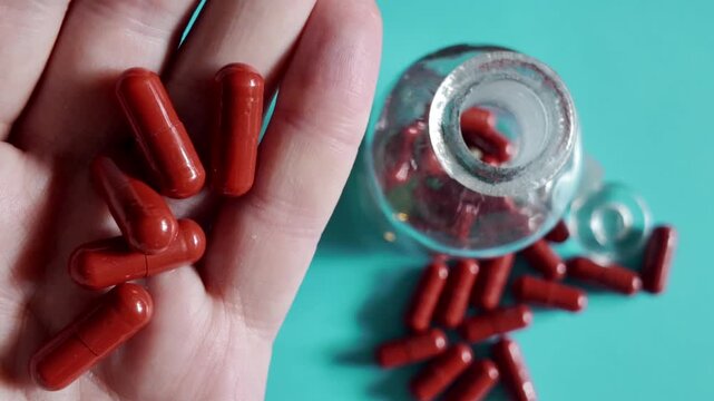 Hand holding red capsules beside a medicine bottle