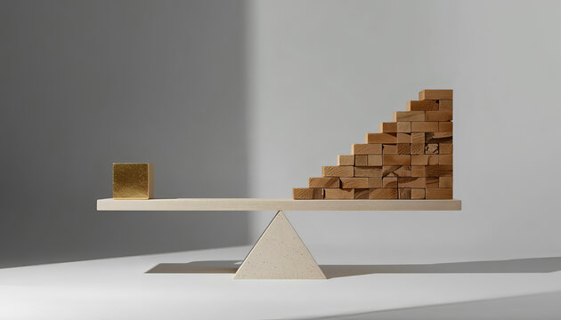 Single golden cube balancing stack of wooden blocks on seesaw scale concept representing quality over quantity and high value investment choice