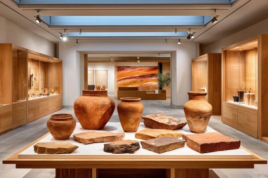 Terracotta vessel and fragmented clay artifacts displayed on wooden table inside modern museum gallery with glass cases and skylight, archaeological exhibit
