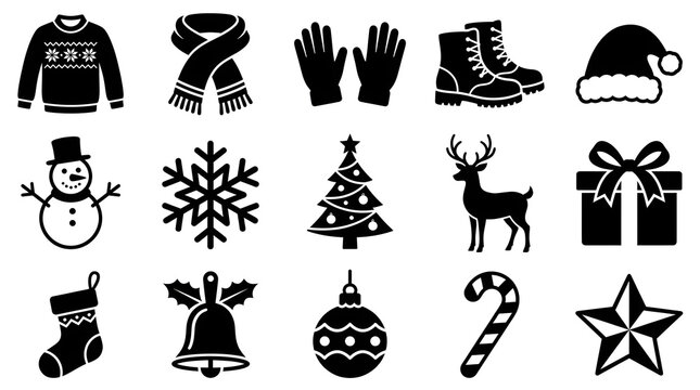 Set of black and white winter holiday icons featuring christmas symbols and seasonal clothing elements on white background