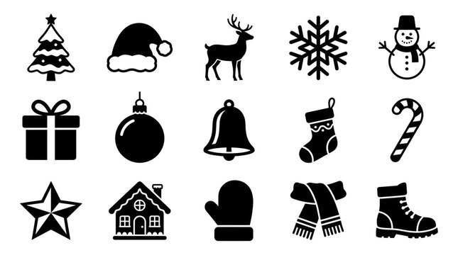 Set of black and white christmas holiday icons featuring seasonal symbols and festive winter decorative elements