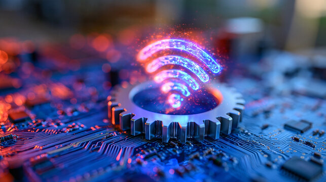 Glowing wireless connectivity symbol nested inside a silver mechanical gear on a high-tech circuit board, detailed electronic traces forming a sophisticated network around the mechanism, smart facto