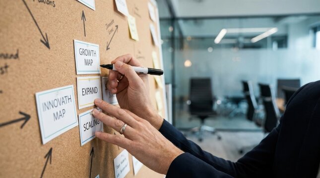 Business Strategy: Manager developing a growth roadmap while seated at a conference table