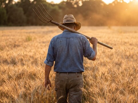 Rear view of farmer carrying pitchfork in wheat field during golden hour sunset created with generative AI