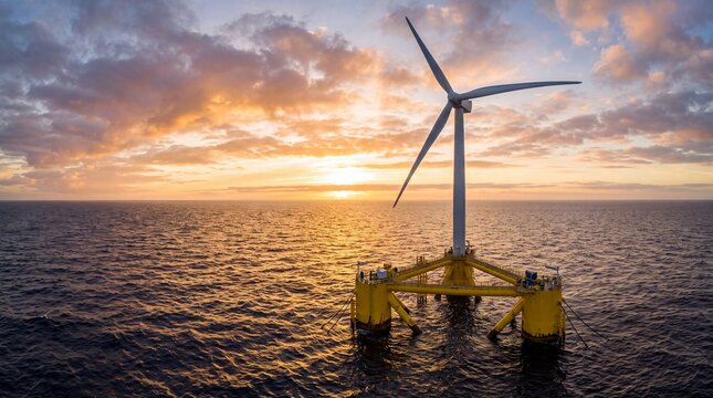 15-MW Floating Offshore Wind Turbine Semi-Submersible Platform at Sunrise